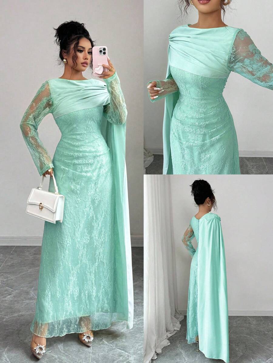 Elenzga Váy dài tay trễ vai xếp ly thủ công kiểu Pháp, thiết kế thanh lịch kiểu Pháp, phù hợp cho tiệc sinh nhật, tiệc tối, tiệc nhẹ, phong cách đồng quê, tay dài ren xanh lá cây - Màu xanh nhạt - Xem 1