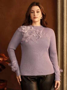 Anewsta 女式加大码优雅串珠花卉贴花高领长袖毛衣，秋季 - 藕粉色 - 查看 7