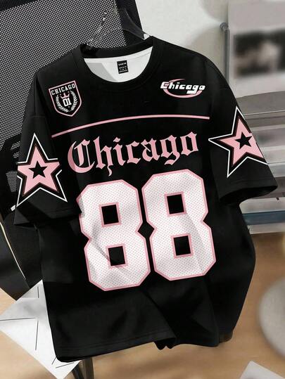 SHEIN Camiseta suelta de manga corta con estampado de números 88 y estrellas, estilo retro dulce del campus americano, estilo urbano, estilo deportivo casual del campus, adecuada para verano, picnic al aire libre, fotografía callejera, hogar, campus, vuelta al cole, ropa de estilo 2000, ropa estilo coreano, ropa de otoño, para niñas preadolescentes