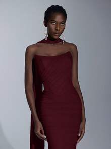 Elitara Elegant Luxurious Light Blue Elastic Mesh Boat Neck Full Ruffle Sequin Bridesmaid Dress - Burgundy - View 3