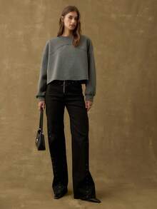 Nöista Cropped Sweatshirt With Structured Seam Details,Ribbed Cuffs,Grey Color,Sports Gym Winter,Luxury Party Black Autumn Casual Everyday - Dark Grey - View 1