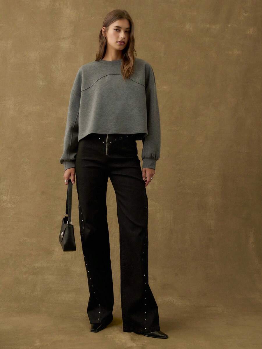 Nöista Cropped Sweatshirt With Structured Seam Details,Ribbed Cuffs,Grey Color,Sports Gym Winter,Luxury Party Black Autumn Casual Everyday - Dark Grey - View 1