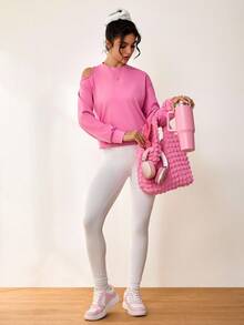 Sovereign Charm Sudadera casual de manga larga con hombros recortados de unicolor para mujer - Rosa Fucsia - Ver 6