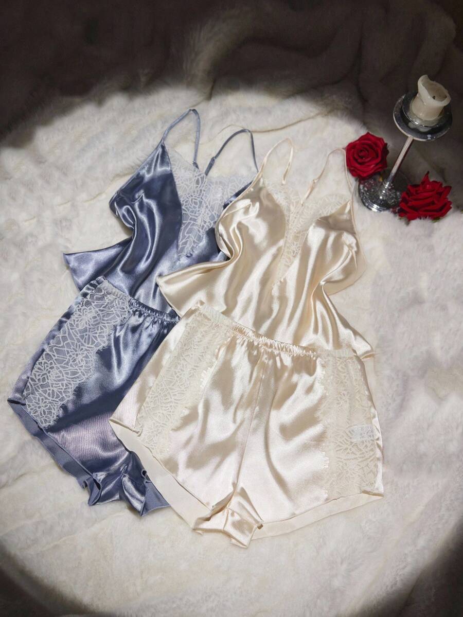SilkySpell Conjunto de pijama feminino sexy com decote em V profundo, 2 peças, top e shorts, várias peças, adequado para agasalhos, todas as estações - Multicolorido - Ver 1