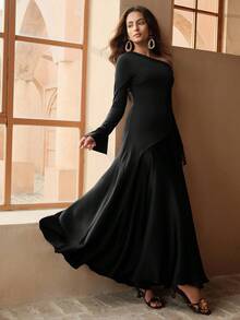 Anewsta 高端针织梭织拼布性感修身高腰斜肩长袖连衣裙（咖啡色） - 黑色 - 查看 4