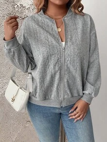 SHEIN LUNE 大码女式纯色针织纹理拉链长袖休闲羽绒服 - 灰色 - 查看 5