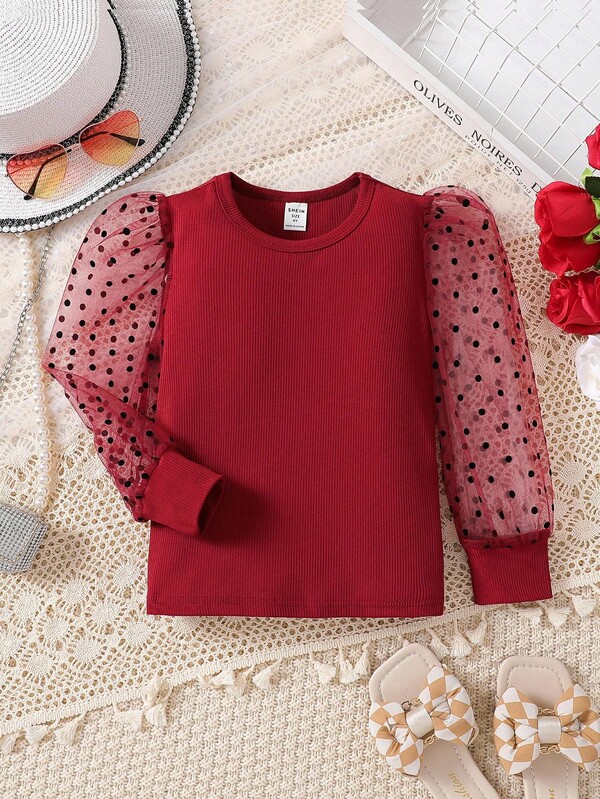 SHEIN Tricou cu mânecă lungă, cu dungi și buline, model plasă, model mic, toamnă, pentru fete (taie mică), model toamnă