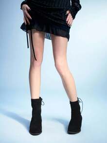 Sugerpunk Brown Vintage Pointed Toe Chunky Heel Lace-Up Side Zipper Mid-Calf Boots - Black - View 5
