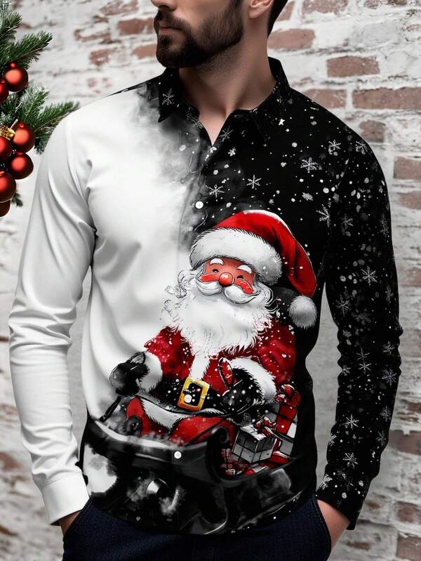 Manfinity Homme Fashionable Casual Mature Christmas Santa Watercolor Background Long Sleeve Shirt For Men, Fall