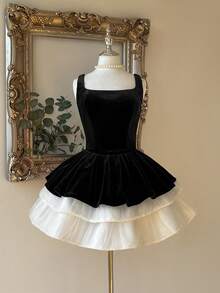 Lovelzi Women's Elegant Luxury Black & White Contrast Off-Shoulder Velvet Ruffle Bodycon Mini Dress,Suitable For Gala,Exhibition,Business Events,Party - Multicolor - View 4