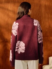 Anewsta 酒红色花卉浪漫优雅水钻装饰套头毛衣，适合通勤、狂欢节、情人节等场合。 - 酒紅色 - 查看 2