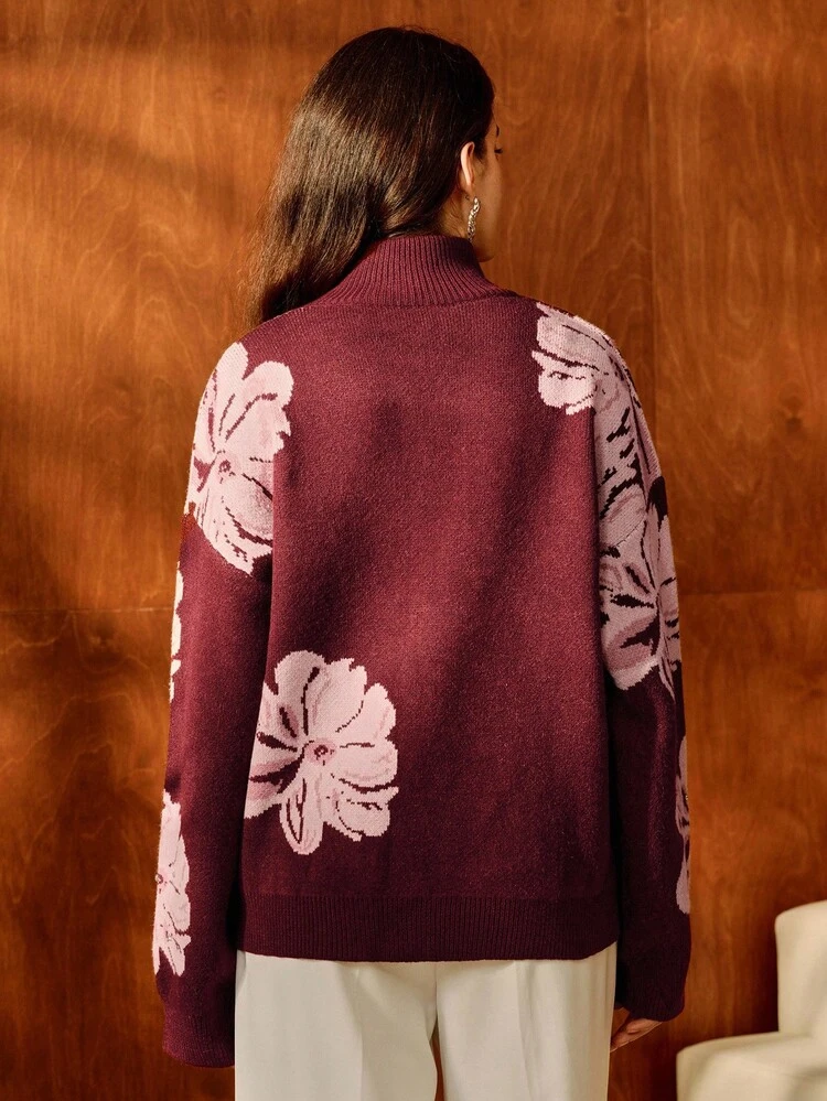 Burgundy Floral Romantic Elegant Rhinestone Embellished Pullover Sweater, Suitable For Commute, Carnival, Valentine's Day