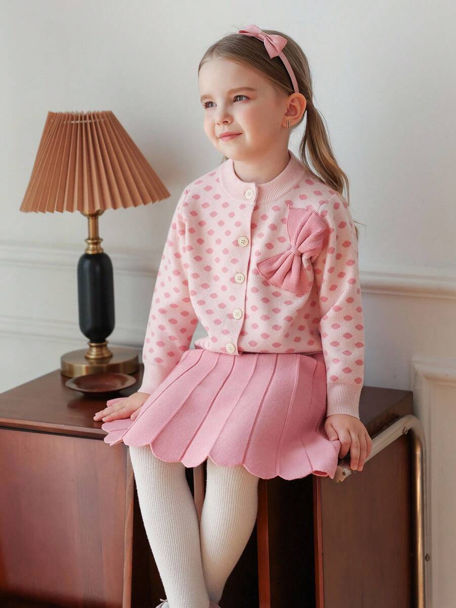 Souflis Souflis 少女波点图案3D蝴蝶结针织毛衣套装 - 粉色 - 查看 1