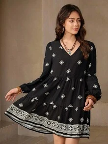 Wildy Đầm babydoll dáng rộng cổ chữ V in hoa tay bồng cho nữ - màu đen - Xem 7