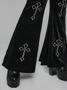 ROMWE Quần ống loe nhung họa tiết chữ thập Gothic cỡ lớn - màu đen - Xem 6