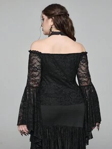 ROMWE EDITION Áo bó sát tay loe hở vai phối ren Gothic cỡ lớn dành cho nữ - màu đen - Xem 6