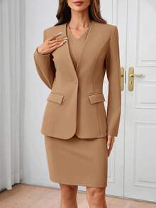 SHEIN Clasi Women's Autumn/Winter Fashion Commuter Jacket & Dress Blue Suit Set