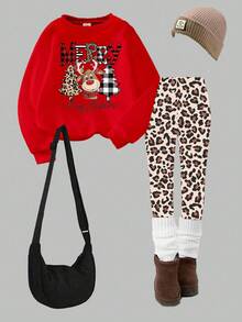 Autumn Family Matching Christmas Outfit For Young Girls,Reindeer & Christmas Tree Print Crew Neck Sweatshirt With Leopard Print Leggings 2 Piece Set - Multicolor - View 3