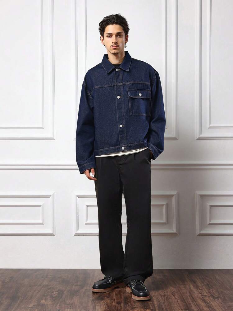 Boxy Fit Classic Oversized Denim Trucker Jacket Western Style Dark Indigo Raw Workwear Outerwear With Utility Pockets Four Season Fashion Essential