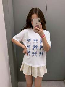 Baby Girls' Bowknot Printed Round Neck Short Sleeve Top