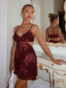 SHEIN Tall Women's V-Neck Hollow Romantic Elegant Dress, Tall Women - Burgundy - View 7
