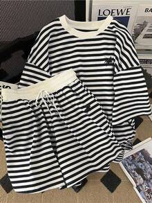 Resyla 2pcs/Set Women's Fashionable Striped Outfit, Summer