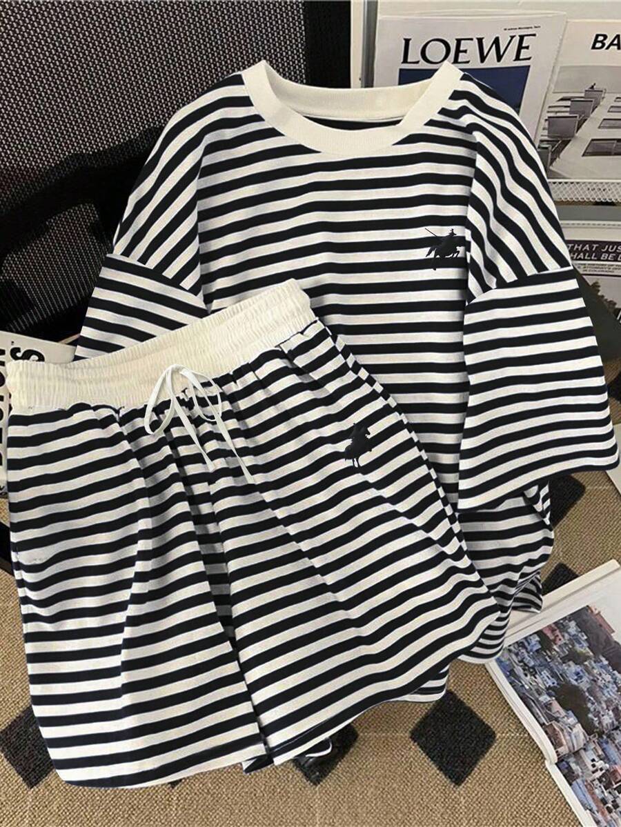 Resyla 2pcs/Set Women's Fashionable Striped Outfit, Summer