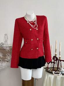 Elamini 纹理宽松双排扣长袖夹克，优雅通勤 - 紅色 - 查看 1