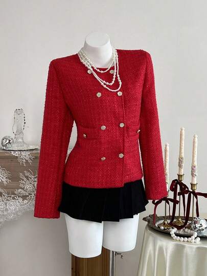 Elamini 纹理宽松双排扣长袖夹克，优雅通勤