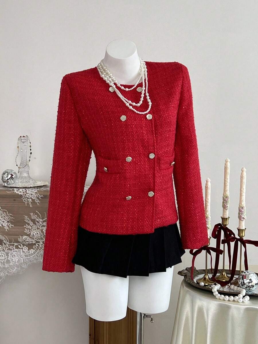 Elamini 纹理宽松双排扣长袖夹克，优雅通勤 - 紅色 - 查看 1