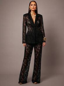 Silquee Women's High Waist Floral Lace Elegant Fashion Flare Pants