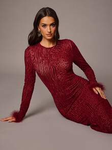 Silquee 蕾丝曲线连衣裙，优雅假日派对、生日、情人节/婚礼宾客礼服/秋季服装/万圣节/返校节/圣诞节/外出/女士生日礼服/女士派对迷你连衣裙，浪漫立领豹纹植绒优雅性感开衩长袖紧身连衣裙，适合情人节、圣诞节、约会、外出、夜店派对、聚会等场合，秋冬季浪漫纯红色、酒红色、波尔多红、动物纹植绒，优雅性感鱼尾毛拼接长袖 - 酒紅色 - 查看 7