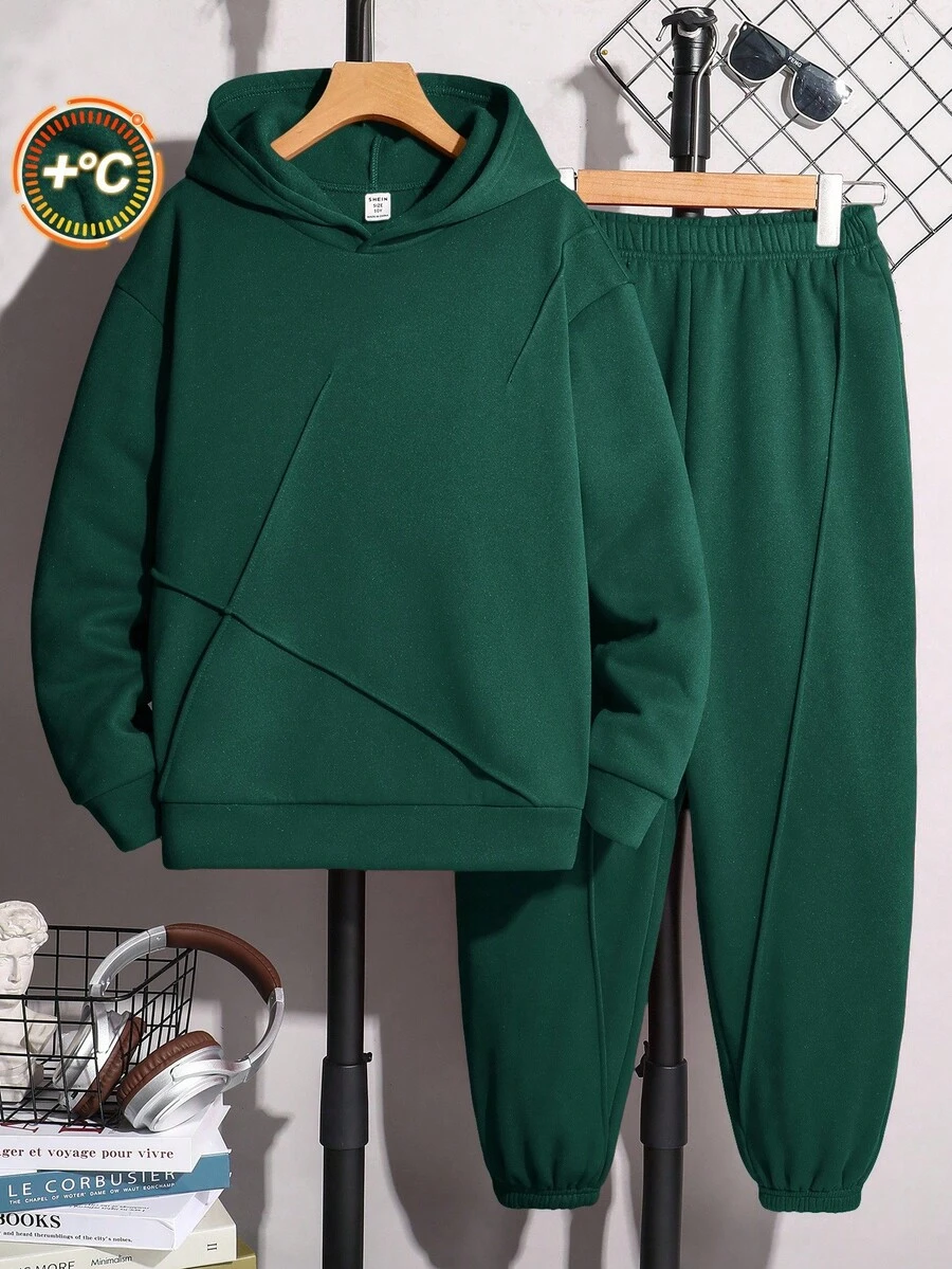 SHEIN Tween Boy 2 Pieces Hoodie & Sweatpants Set, Versatile All-Match, Suitable For Autumn/Winter - Dark Green - View 1