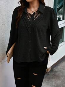 Calvaya 大码女式撞色蕾丝长袖单排扣宽松衬衫 - 黑色 - 查看 3