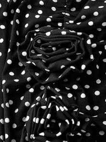 SHEIN MOD Women's 3D Floral Decor Low Waist Ruched Slit Fitted Pencil Skirt,Black White Polka Dot,Autumn,Elegant,Party,Christmas Elegant Split Skirts - Black and White - View 8