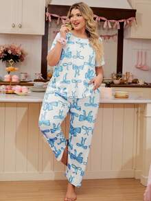 Große Größen Schleifendruck Farbblockdesign Rundhals Pyjama Set, süßer