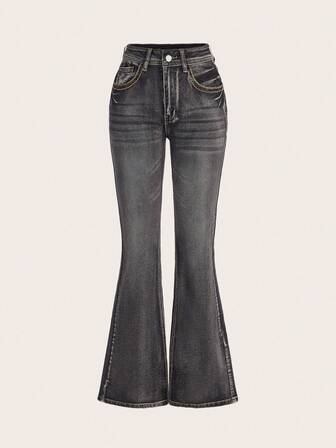 PETITE Jeans de mujer con efecto desgastado y lavado vintage, con forma de campana y detalles de vello de gato