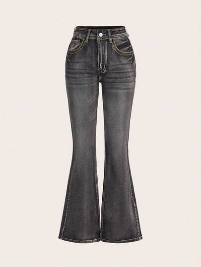 PETITE Jeans de mujer con efecto desgastado y lavado vintage, con forma de campana y detalles de vello de gato