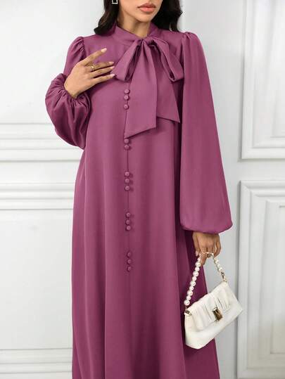 Al Najma Women Elegant Solid Color Lantern Sleeve Tie Collar Arabian Dress For Autumn, Modest Elegant A Line Arabian Dresses, For Casual Daily