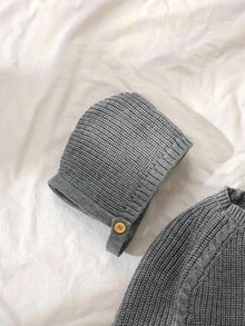 SHEIN Vintaside Kids 2pcs Grey Infant Sweater Bodysuit Set, Long Sleeve Triangle Bodysuit & Hat, Fashionable Casual Minimalist Design With Hat