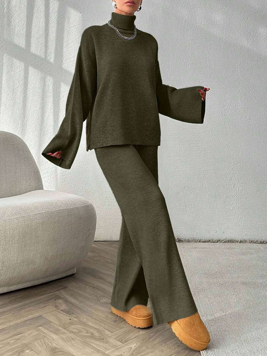 EURMUSE 2pcs Women Solid Color Minimalist Turtleneck Long Sleeve Sweater And Trouser Set, Everyday Wear - Hijau Tentara - View 1