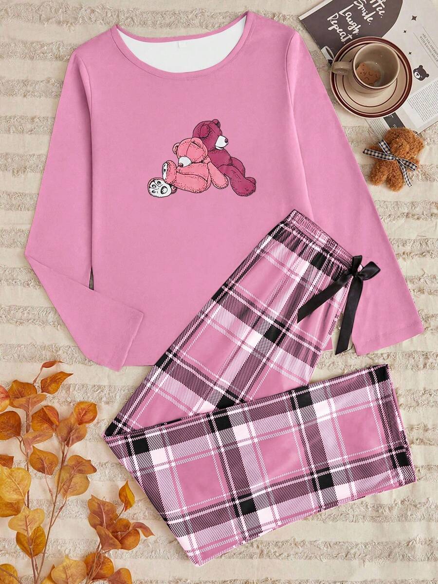 女士泰迪熊印花长袖上衣和格子蝴蝶结装饰印花长裤睡衣套装，春秋季，秋冬季服装 - 彩色 - 查看 1