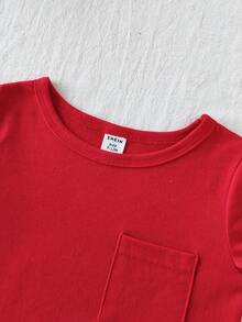 SHEIN Playful Pals 2-Piece Baby Girl Casual All-Match Solid Color Long-Sleeved Pocket Top And Plaid Pattern Trousers Set Suitable For Spring, Autumn And Winter Daily Wear Fall - Red - View 6