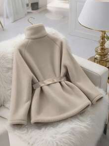 GlowEve 女士时尚毛茸茸腰带常规夹克，秋冬 - 卡其色 - 查看 2