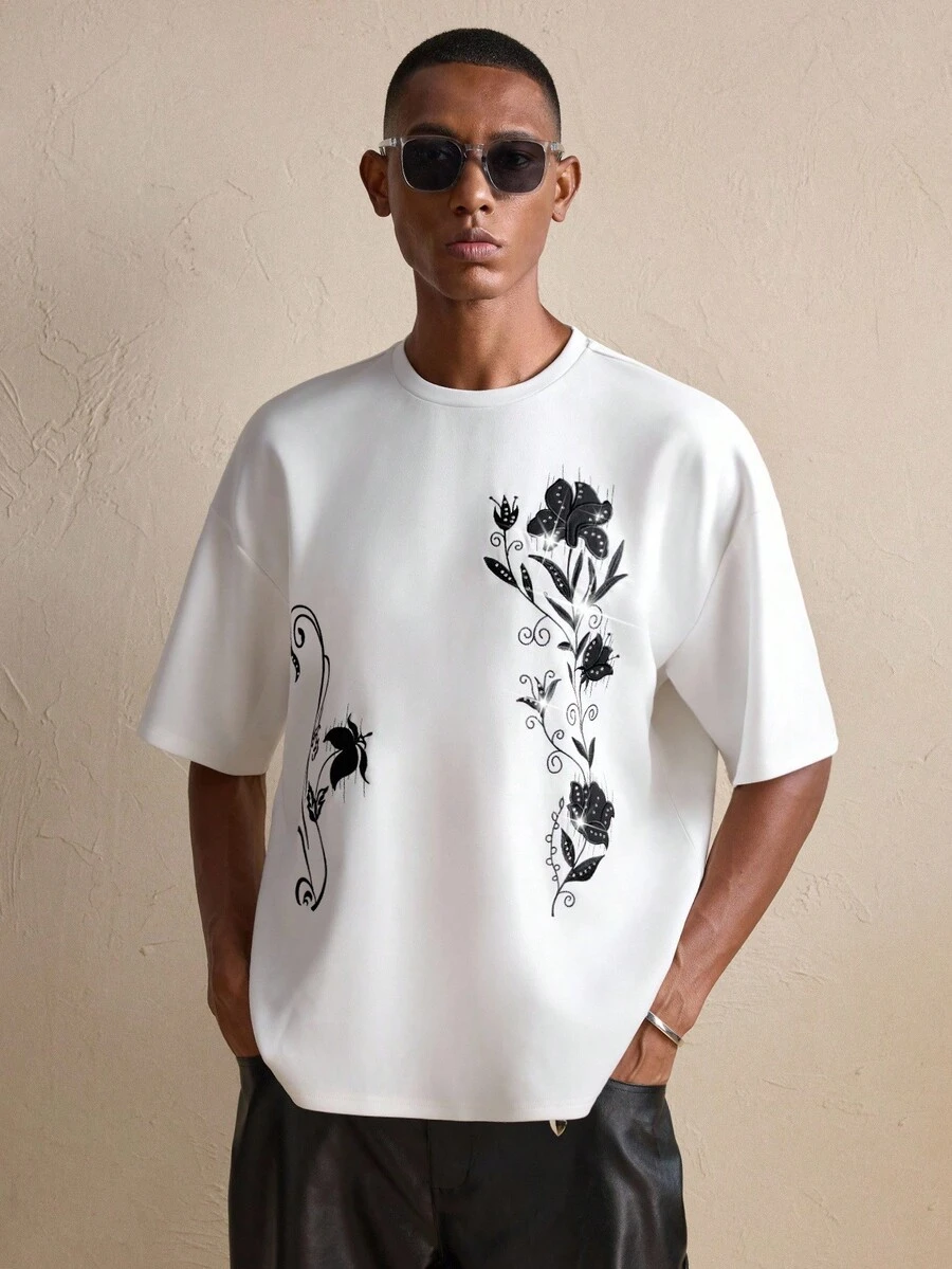 AKNOTIC 男士休闲水钻装饰宽松圆领 T 恤 - 白色 - 查看 1