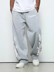 Manfinity Hypemode 男士灰色休闲抽绳腰部宽松字母图案运动裤，带口袋 - 灰色 - 查看 1