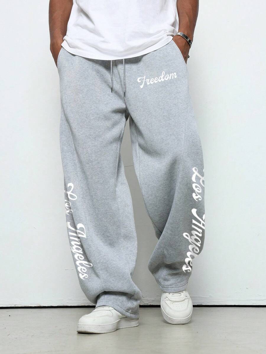 Manfinity Hypemode 男士灰色休闲抽绳腰部宽松字母图案运动裤，带口袋 - 灰色 - 查看 1