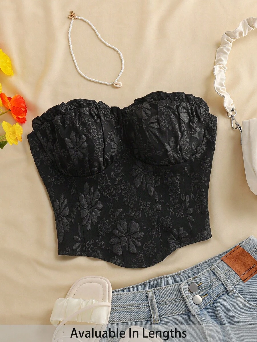 SHEIN Tall CURVE 度假黑色性感褶皱纹理面料紧身胸衣短款上衣，带荷叶边下摆，无肩带上衣抹胸可爱抹胸，女士假日装 - 黑色 - 查看 1