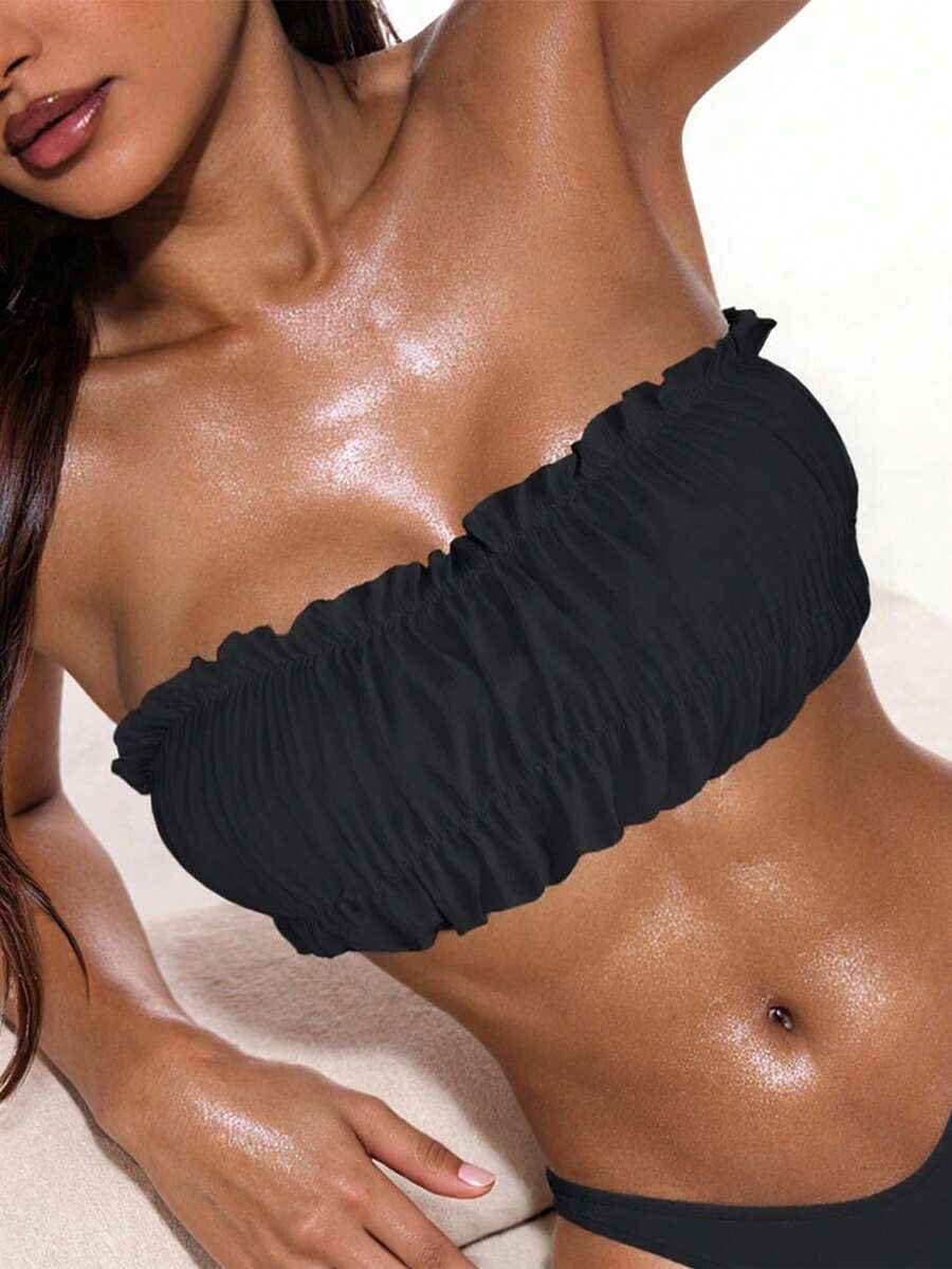 Swim Basics Summer Beach Ruched Bust Frill Trim Bandeau Bikini Top Strapless Bikini Top - Black - View 1