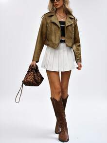 GENKIRA Áo khoác da Merlot cho nữ, áo khoác xe máy bằng da PU cao cấp kiểu Mỹ cổ điển, áo khoác nữ dáng thường, tay áo thông thường, khóa kéo, màu nâu cà phê trơn, trang phục thường ngày. - Màu Khaki - Xem 6